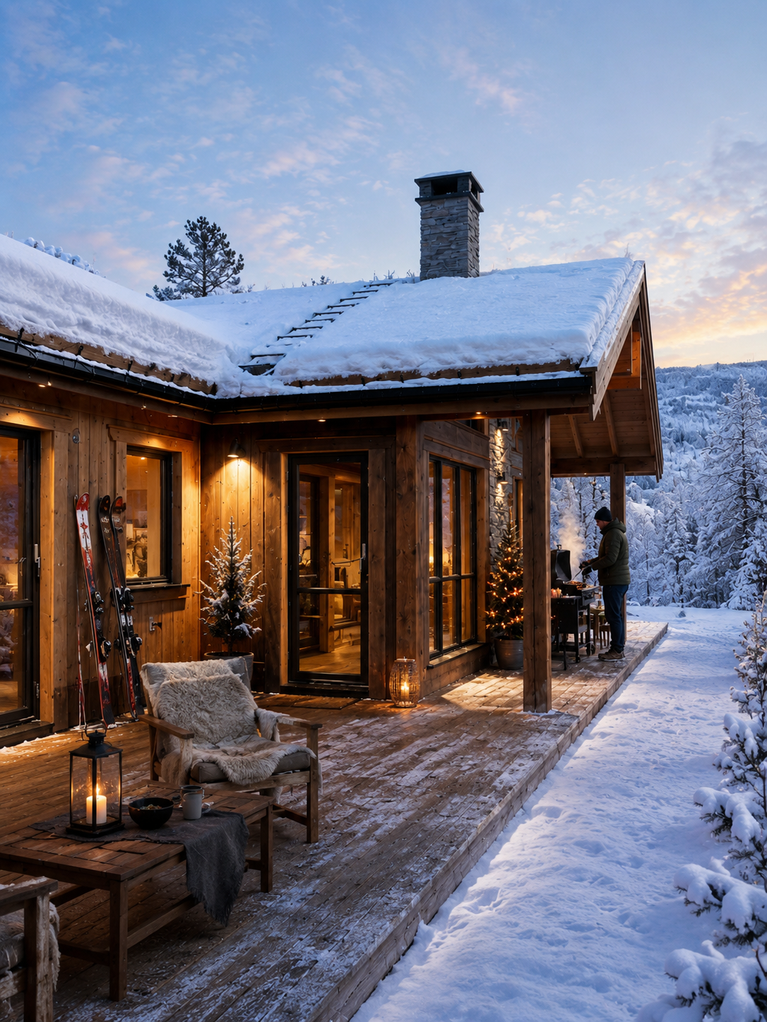 Terrasse i vinterstemning med snø, ski og levande lys
